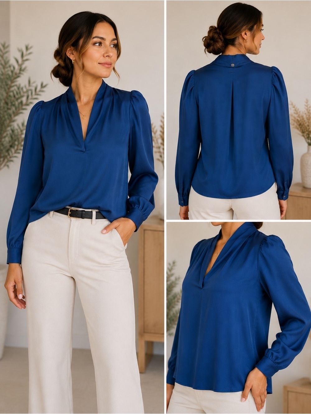 Marie Oliver 100% Silk Blue Puff Sleeve Split Neck Blouse Size S